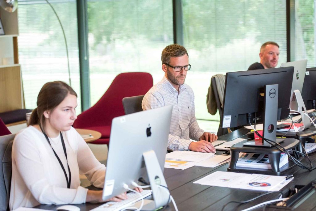 Professionals working on computers in office space